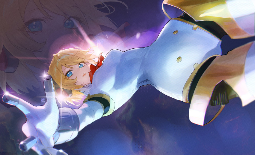 1girl, aegis_(persona), android, blue_eyes, breasts, commentary, english_commentary, falling