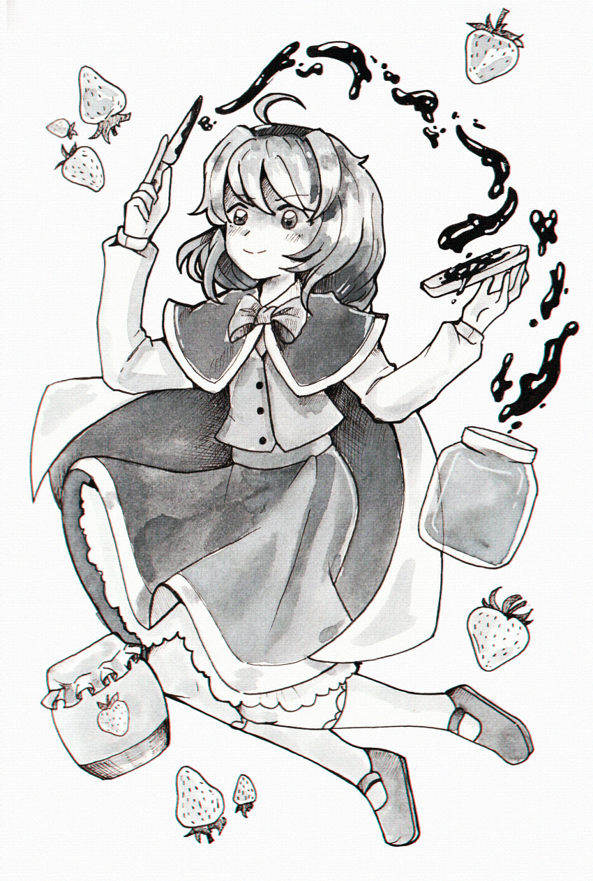 1girl, absurdres, bow, bowtie, bread, bread_slice, capelet, closed_mouth, dungeon_toaster, food, food_print, fruit, full_body, greyscale, highres, holding, holding_food, holding_knife, inktober, jar, knife, light_smile, long_sleeves, looking_at_viewer, mary_janes, medium_hair, monochrome, okazaki_yumemi, shoes, simple_background, skirt, socks, solo, strawberry, strawberry_print, touhou, traditional_media, white_background
