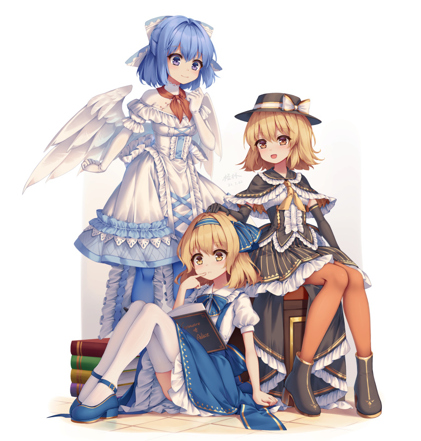 3girls, :o, absurdres, aged_down, alice_margatroid, angel_wings, black_capelet, black_corset
