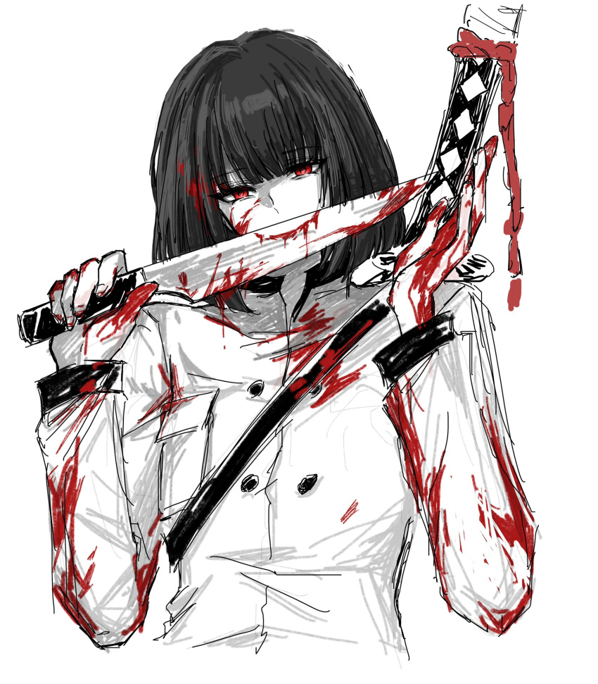 1girl, ashi_(dongshi389), black_hair, blood, blood_in_hair, blood_on_arm, blood_on_clothes, blood_on_face