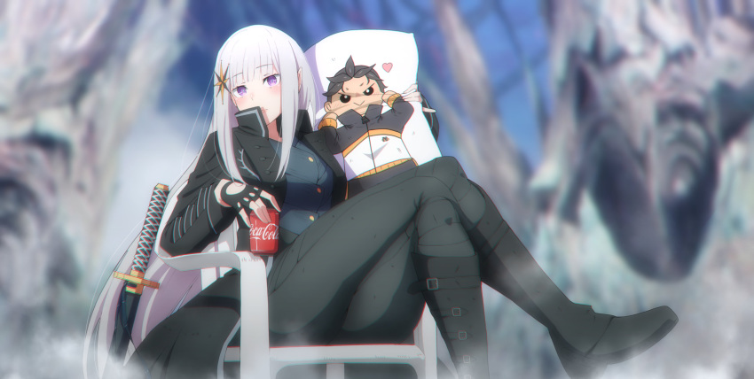 1boy, 1girl, absurdres, black_hair, black_pants, blush, body_pillow, breasts, can, cedric_(gear_art), chair, chibi, coat, coca-cola, commission, compass_rose, cosplay, crossover, devil_may_cry_(series), drink_can, elf, fingerless_gloves, flexing, full_body, gloves, grey_hair, hair_ornament, hair_slicked_back, highres, holding, jacket, katana, long_coat, long_hair, long_sleeves, looking_at_viewer, medium_breasts, meme, natsuki_subaru, on_chair, pants, parody, pillow, pointy_ears, re:zero_kara_hajimeru_isekai_seikatsu, satella_(re:zero), sheath, shirt, short_hair, sitting, smile, soda_can, sword, track_jacket, track_suit, vergil's_chair_(meme), vergil_(devil_may_cry), vergil_(devil_may_cry)_(cosplay), very_long_hair, violet_eyes, weapon, white_hair, yamato_(sword)