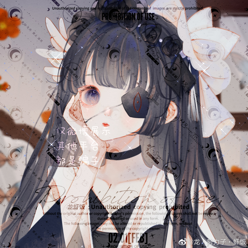 1girl, bare_shoulders, black_choker, black_flower, black_hair, black_rose, black_shirt, blue_eyes, blunt_bangs, bow, bug, butterfly, choker, closed_mouth, clothing_cutout, collarbone, crescent_in_eye, expressionless, eyepatch, flower, flower_hairband, gloves, hand_on_own_face, hat, hat_bow, highres, indoors, jacket, light_blush, light_particles, lipstick, long_hair, long_nulizi_hafan, looking_at_viewer, makeup, mini_hat, open_clothes, open_jacket, original, painting_(object), pink_lips, red_flower, rose, sample_watermark, shirt, shoulder_cutout, sidelocks, solo, source_request, straight_hair, third-party_source, too_many_watermarks, two-tone_sleeves, upper_body, very_long_hair, watermark, weibo_watermark, white_bow, white_gloves, white_hat, white_jacket