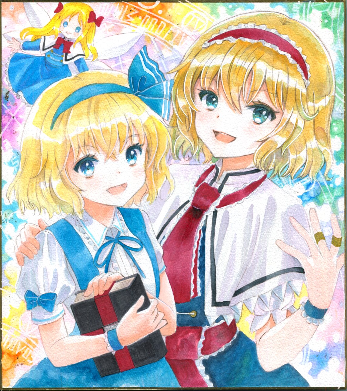 3girls, :d, aged_down, alice_margatroid, alice_margatroid_(pc-98), ascot, blonde_hair, blue_bow