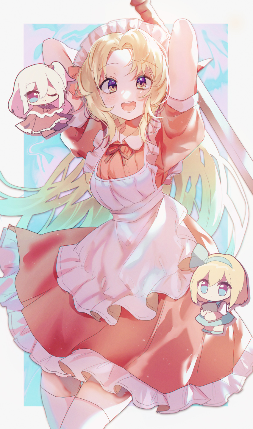 3girls, ;), absurdres, alice_margatroid, alice_margatroid_(pc-98), apron, arms_behind_back, blonde_hair