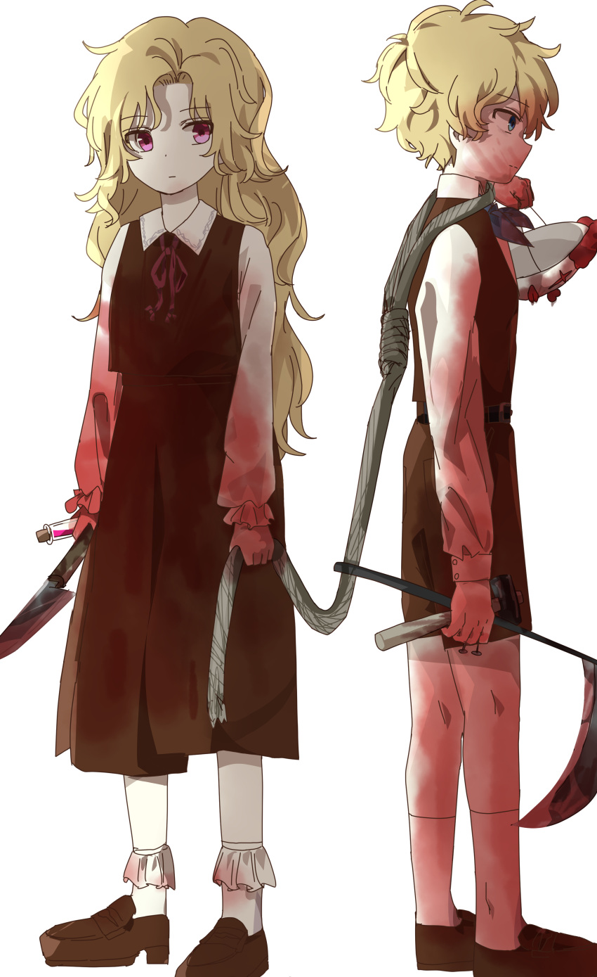 1girl, absurdres, belt, black_belt, blonde_hair, blood, blood_on_knife, blue_eyes