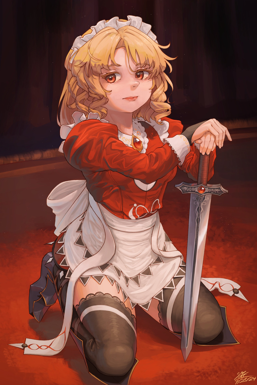 1girl, absurdres, apron, back_bow, black_footwear, black_thighhighs, blonde_hair, bow, breasts, brooch, closed_mouth, dress, drill_hair, drill_sidelocks, frilled_apron, frills, full_body, gem, highres, hippppodraw, holding, holding_sword, holding_weapon, jewelry, juliet_sleeves, kneeling, lips, long_sleeves, long_sword, maid, maid_headdress, medium_breasts, medium_hair, puffy_sleeves, red_dress, ribbon, sidelocks, sword, thigh-highs, touhou, touhou_(pc-98), waist_bow, weapon, white_apron, white_bow, white_ribbon, yellow_eyes, yumeko_(touhou)