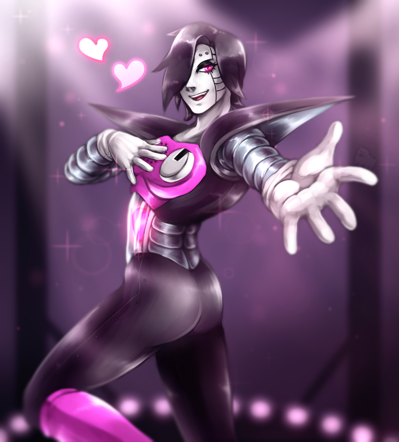 1boy, 2017, 2d, black_hair, boots, commentary, digital_media, english_commentary, foreshortening, gloves, hair_over_one_eye, hand_on_chest, hand_on_own_chest, heart, humanoid, humanoid_robot, leg_up, looking_at_viewer, male, male_focus, male_only, mettaton, mettaton_ex, pink_eyes, pink_footwear, rb_(sparkleee-sprinkle), reaching, reaching_out, reaching_towards_viewer, robot, robot_boy, short_hair, spotlight, stage, stage_lights, undertale, utdr_(toby_fox), white_gloves