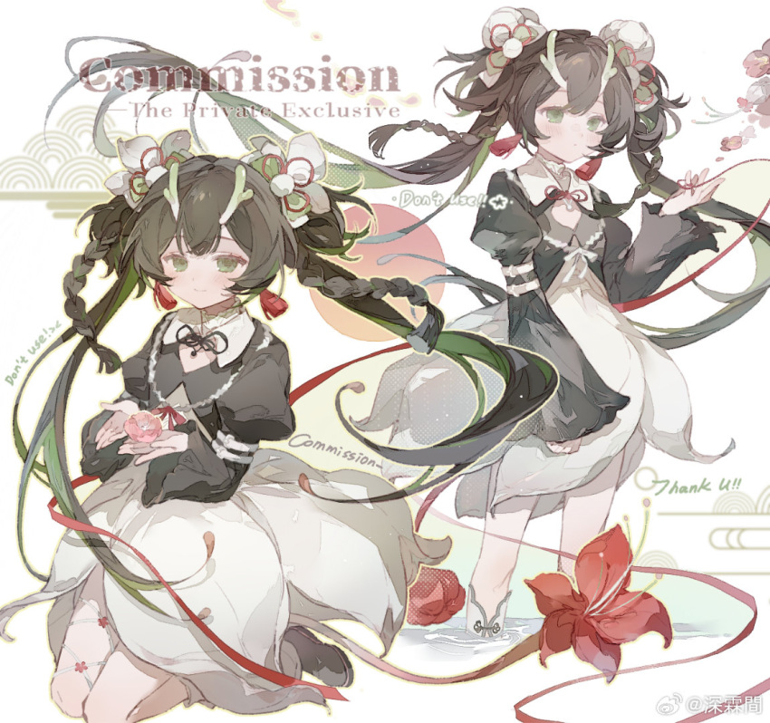 1girl, arm_belt, belt, belt_buckle, black_dress, black_ribbon, boots, bow, braid, brown_footwear, brown_hair, buckle, cherry_blossoms, chinese_commentary, collar, colored_inner_hair, commentary_request, commission, cropped_legs, detached_collar, diamond_(gemstone), dragon_horns, dress, expressionless, floating_hair, flower, flower_dress, full_body, gem, green_hair, green_horns, hair_flower, hair_ornament, hair_ribbon, holding, holding_gem, holding_petal, horns, juliet_sleeves, kneehighs, koiliblikas, leg_ribbon, light_particles, long_hair, long_sleeves, medium_skirt, multicolored_hair, multiple_views, neck_ribbon, original, outline, petals, pink_flower, pink_gemstone, pom_pom_(clothes), pom_pom_hair_ornament, puffy_sleeves, red_bow, red_flower, red_ribbon, ribbon, sample_watermark, short_dress, skirt, sleeve_garter, sleeves_past_wrists, socks, sun, twin_braids, twintails, two_side_up, very_long_hair, wading, waist_tassel, watermark, weibo_watermark, white_background, white_belt, white_bow, white_collar, white_dress, white_flower, white_ribbon, white_socks, wind, yellow_outline