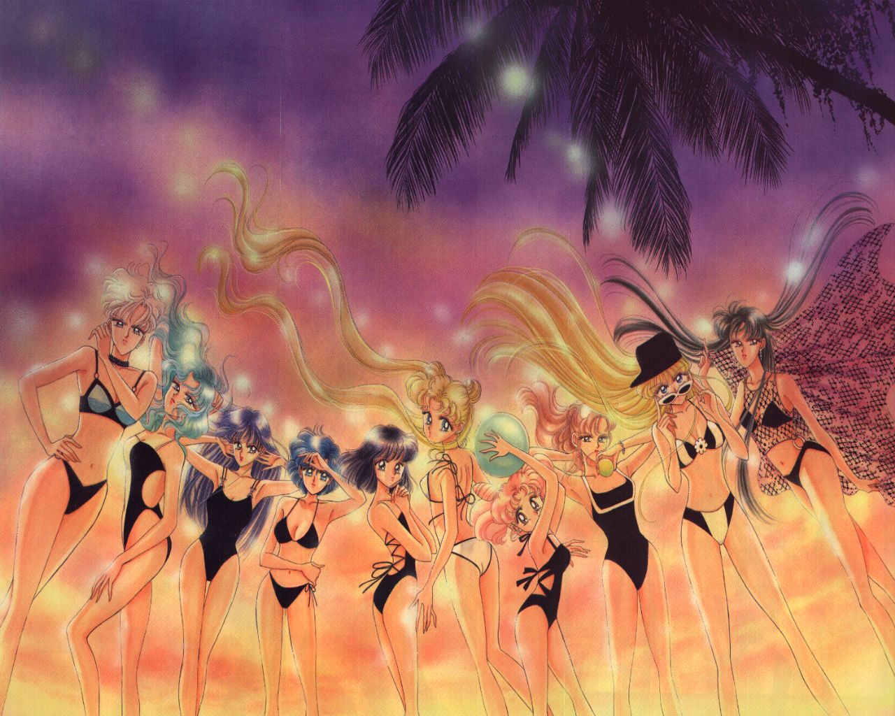 6+girls, 90s, aino_minako, ball, beachball, bikini, bishoujo_senshi_sailor_moon, black_bikini