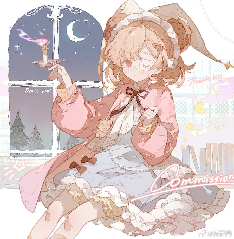 1girl, :o, animal_ears, beads, bear_charm, bear_ears, bloomers, blue_dress