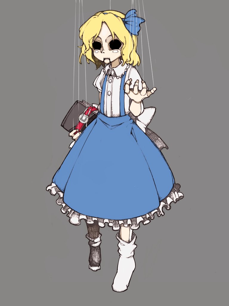 1girl, alice_margatroid, alice_margatroid_(pc-98), back_bow, bare_arms, black_pantyhose, black_socks, blonde_hair