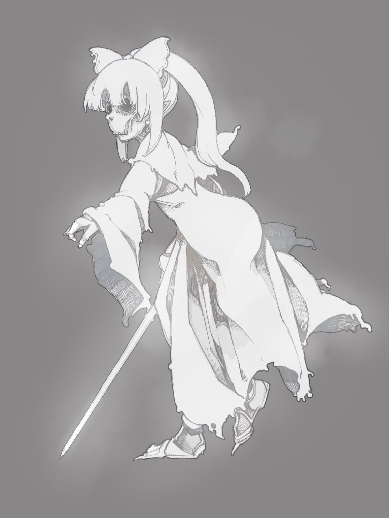 1girl, bolos, bow, capelet, commentary, eye_socket, fog, full_body, grey_background, hair_bow, holding, holding_sword, holding_weapon, long_hair, long_sleeves, monsterification, noroiko, outstretched_hand, pointy_ears, pointy_footwear, ponytail, robe, shoes, simple_background, skeleton, solo, standing, sword, tachi-e, torn_capelet, torn_clothes, torn_robe, torn_sleeves, touhou, touhou_(pc-98), very_long_hair, weapon, white_theme, wide_sleeves