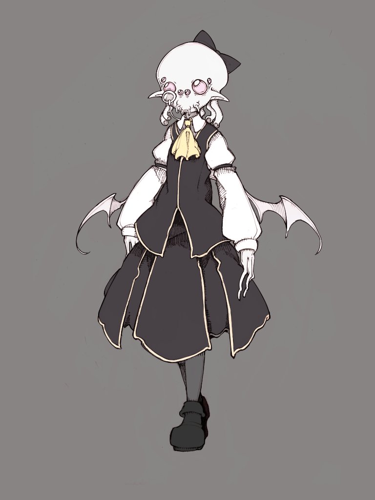 1girl, alien, ascot, bald, black_bow, black_footwear, black_garter, black_skirt