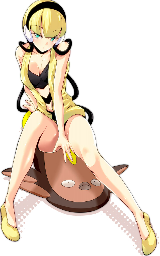 bare_legs, bare_shoulders, blonde_hair, blush, bottomless, breasts, cable, cleavage