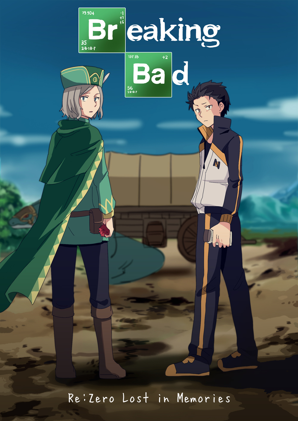 2boys, black_hair, black_pants, boots, breaking_bad, brown_footwear, cape, cart