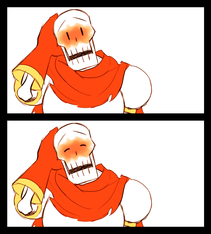 1boy, 2015, 2d, 2koma, blush, closed_eyes, comic, digital_media, flustered, gloves, hand_on_own_head, head_tilt, humanoid, knocker12, male, male_only, monster, monster_boy, papyrus_(undertale), portrait, red_gloves, silent_comic, simple_background, skeleton, solo, teeth, undead, undertale, white_background
