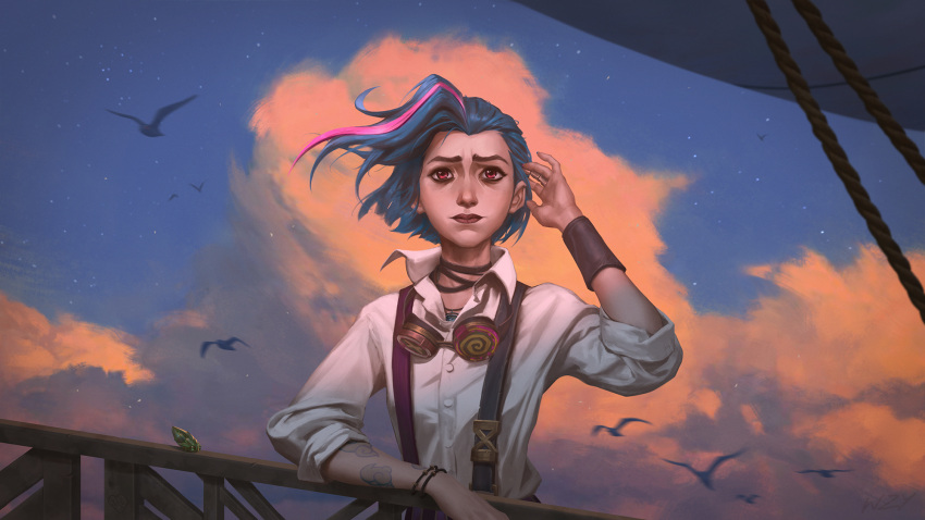 1girl, arcane:_league_of_legends, arcane_jinx, arm_tattoo, artist_name, bird, blue_hair, bug