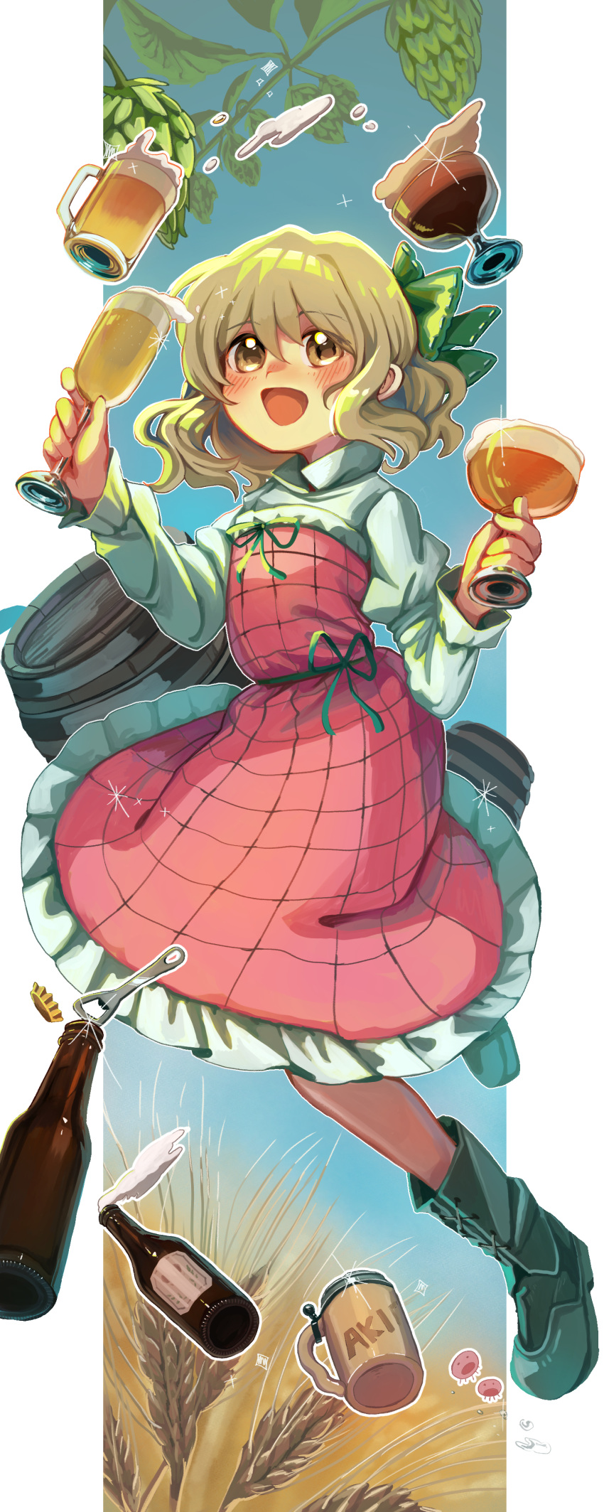 1girl, :d, absurdres, akihabara_beer_fair, alcohol, barrel, beer, beer_bottle