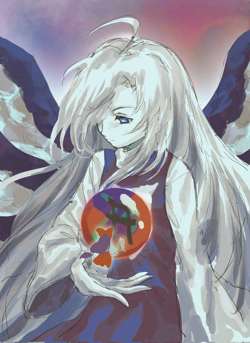 aeginflash, angel_wings, blue_dress, blue_eyes, bow, dress, expressionless, gohei
