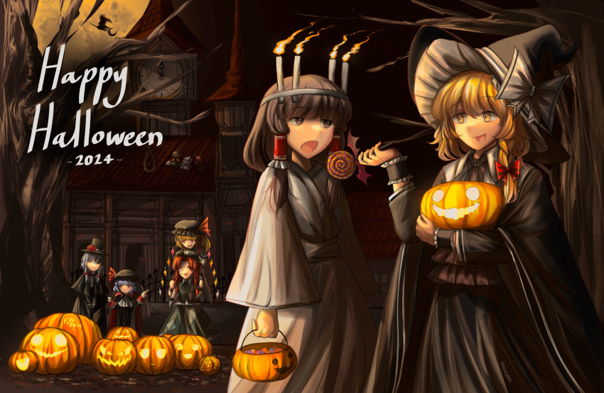 6+girls, alice_margatroid, alternate_costume, alternate_headwear_color, backlighting, bare_tree, bat_wings, black_capelet