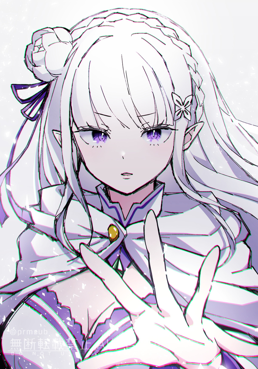 1girl, braid, breasts, cloak, colored_skin, elf, emilia_(re:zero), flower