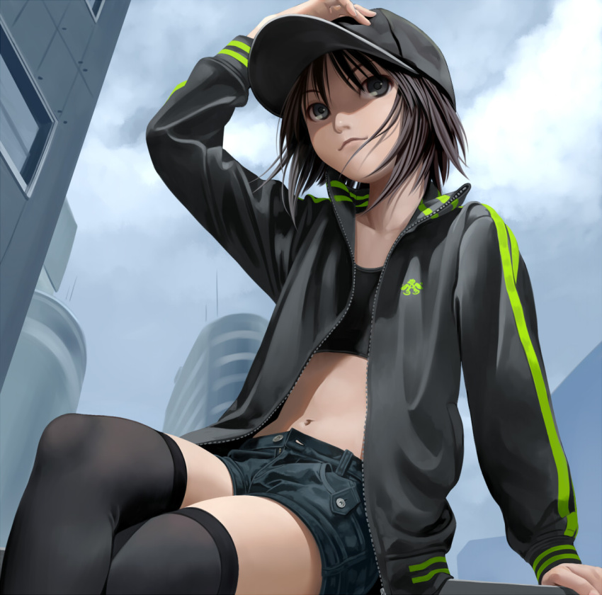 baseball_cap, black_legwear, black_thighhighs, brown_hair, crossed_legs, denim, denim_shorts, flat_chest, hand_on_hat, hat, highres, idolmaster, idolmaster_2, jacket, kikuchi_makoto, midriff, navel, nekopuchi, open_fly, shorts, sitting, sky, solo, tank_top, thigh-highs, thighhighs, tomboy, track_jacket, unbuttoned, unzipped