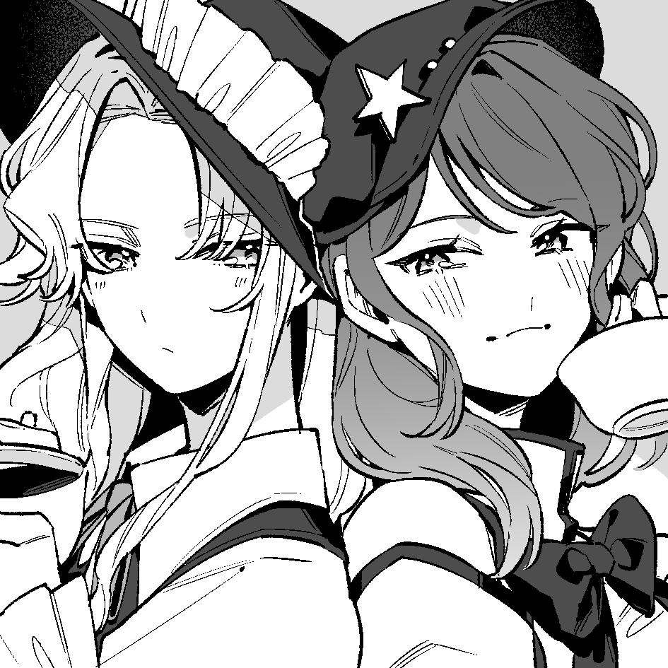 2girls, :/, bow, bowtie, closed_mouth, collared_shirt, commentary_request, cup