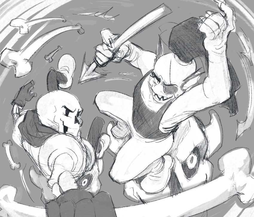 1boy, 1girl, 2023, 2d, anthro, black_eyepatch, bone, cape, carlyraejepsans, digital_media, duo, ear_fins, eyepatch, female, fins, fish, fish_girl, foreshortening, from_above, gasterblaster, gloves, head_fins, high_ponytail, highres, holding, holding_bone, holding_spear, holding_weapon, humanoid, long_hair, male, monochrome, monster, monster_boy, monster_girl, papyrus_(undertale), ponytail, sharp_teeth, shorts, skeleton, skull, slit_pupils, spear, teeth, undead, undertale, undyne, utdr_(toby_fox), weapon