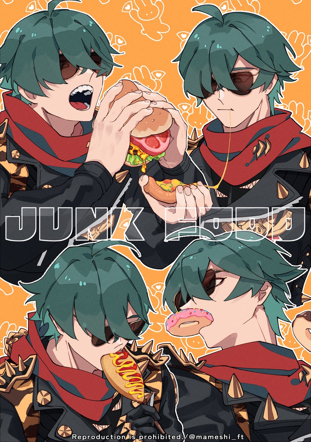 1boy, artist_name, black_jacket, burger, chocolate_donut, closed_mouth, commentary, corn_dog