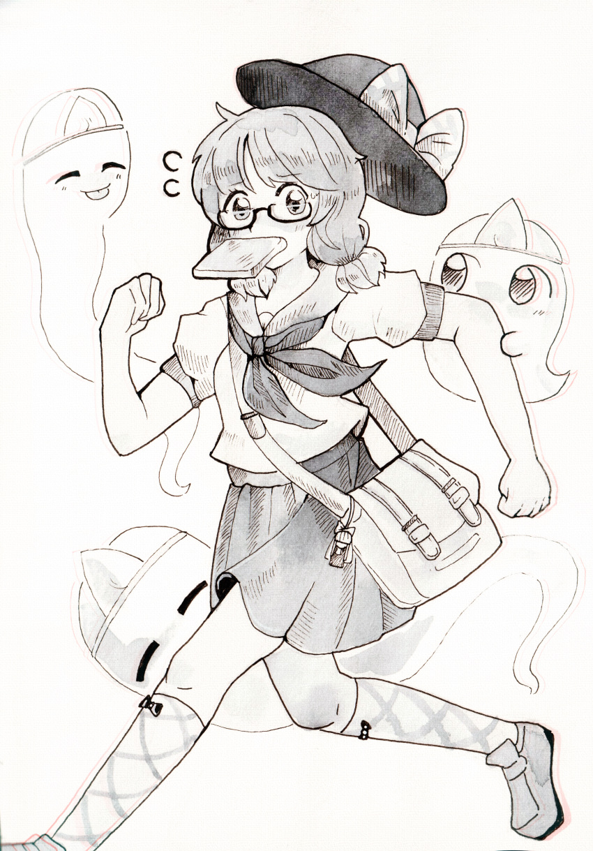 1girl, absurdres, alternate_costume, bow, clenched_hands, dungeon_toaster, flying_sweatdrops, foot_out_of_frame, greyscale, hat, hat_bow, highres, inktober, kneehighs, medium_hair, monochrome, neckerchief, pleated_skirt, puffy_short_sleeves, puffy_sleeves, school_uniform, semi-rimless_eyewear, serafuku, shoes, short_sleeves, simple_background, skirt, socks, touhou, traditional_media, under-rim_eyewear, usami_sumireko
