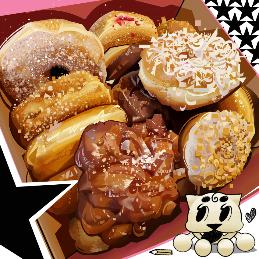 chocolate_donut, chocolate_icing, creature, doughnut, english_commentary, food, food_focus, highres