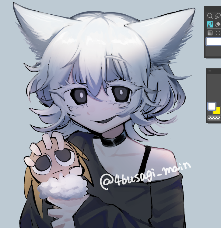 1girl, 46usagi, animal_ears, art_program_in_frame, artist_name, black_choker, black_eyes, black_shirt, bright_pupils, cat_ears, cat_girl, character_doll, choker, collarbone, colored_eyelashes, doll, grey_background, hair_between_eyes, holding, holding_doll, incredibox, long_sleeves, looking_at_viewer, off-shoulder_shirt, off_shoulder, personification, shirt, simple_background, single_bare_shoulder, smile, sprunki, tunner_(sprunki), upper_body, wenda_(sprunki), white_eyelashes, white_hair, white_pupils