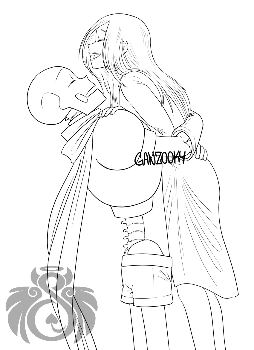 1boy, 1girl, 2024, 2d, absurdres, artist_logo, artist_name, cape, closed_eyes, commission, commissioner_insert, couple, cowboy_shot, digital_media, dress, duo, female, from_side, ganzooky, gloves, hetero, highres, hug, human, humanoid, lifting, lifting_person, lineart, long_hair, male, monochrome, monster, monster_boy, oc_x_canon, open_mouth, original, original_character, papyrus_(undertale), shorts, simple_background, skeleton, teeth, undead, undertale, utdr_(toby_fox), white_background