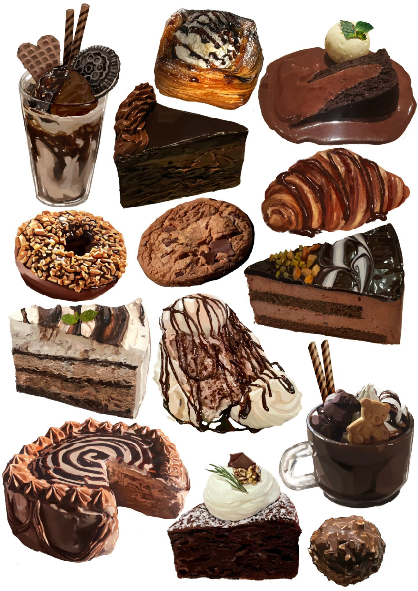 cake, cake_slice, chocolate_cake, chocolate_chip_cookie, chocolate_donut, chocolate_syrup, cookie, doughnut