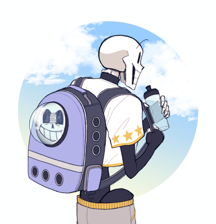 1boy, 2023, 2d, alternate_costume, back, backpack, blue_sky, bottle