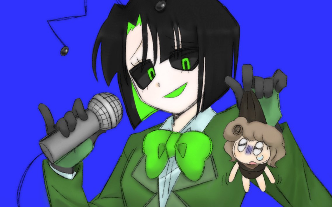 2girls, black_gloves, blue_background, bow, bowtie, collared_shirt, dandy's_world, gloves