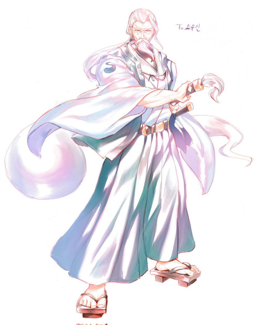 1boy, beard, belt, commentary_request, facial_hair, full_body, geta, green_pants