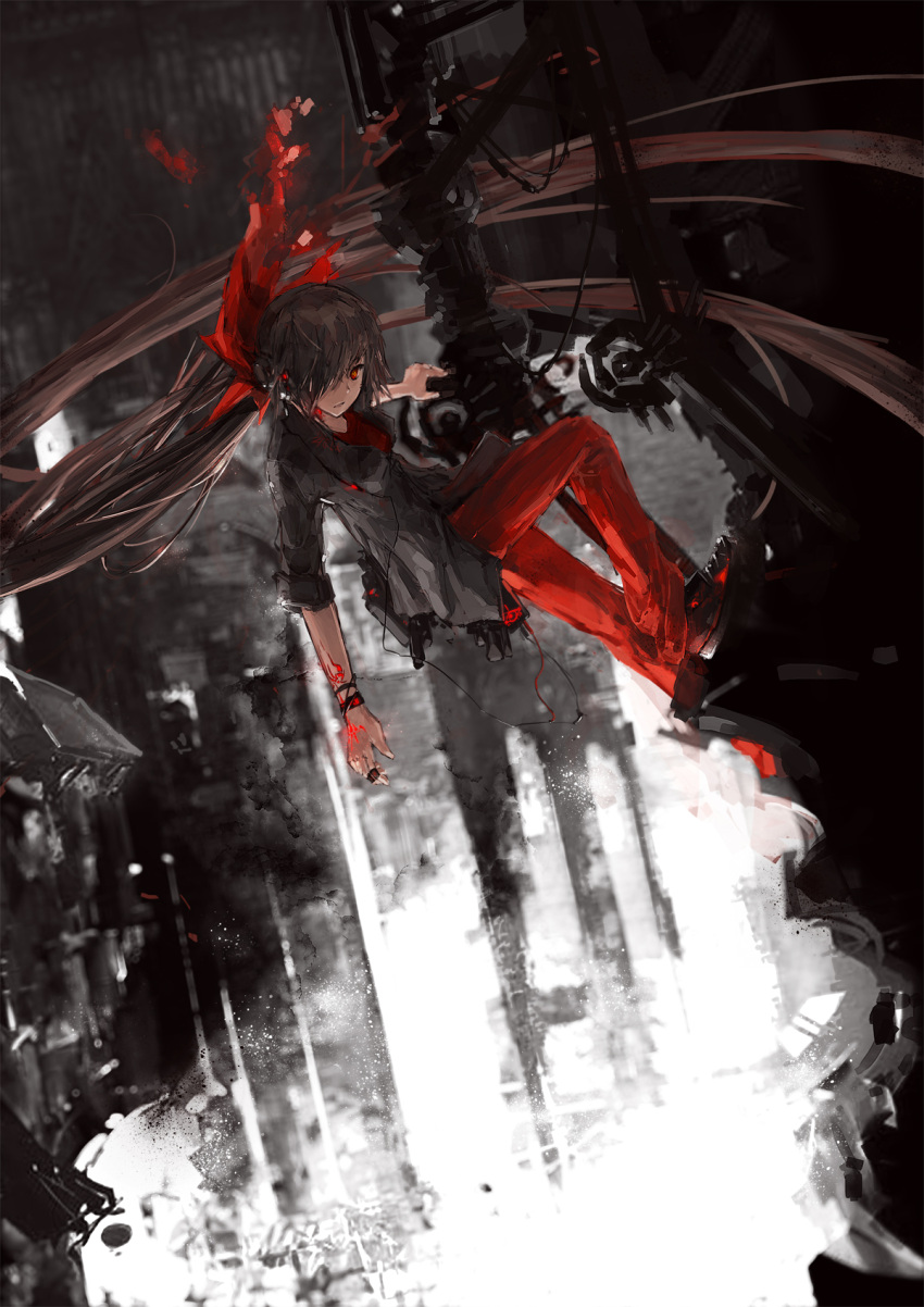 alternate_costume, alternate_hair_color, bad_id, black_hair, bow, contemporary, fujiwara_no_mokou, grey_hair