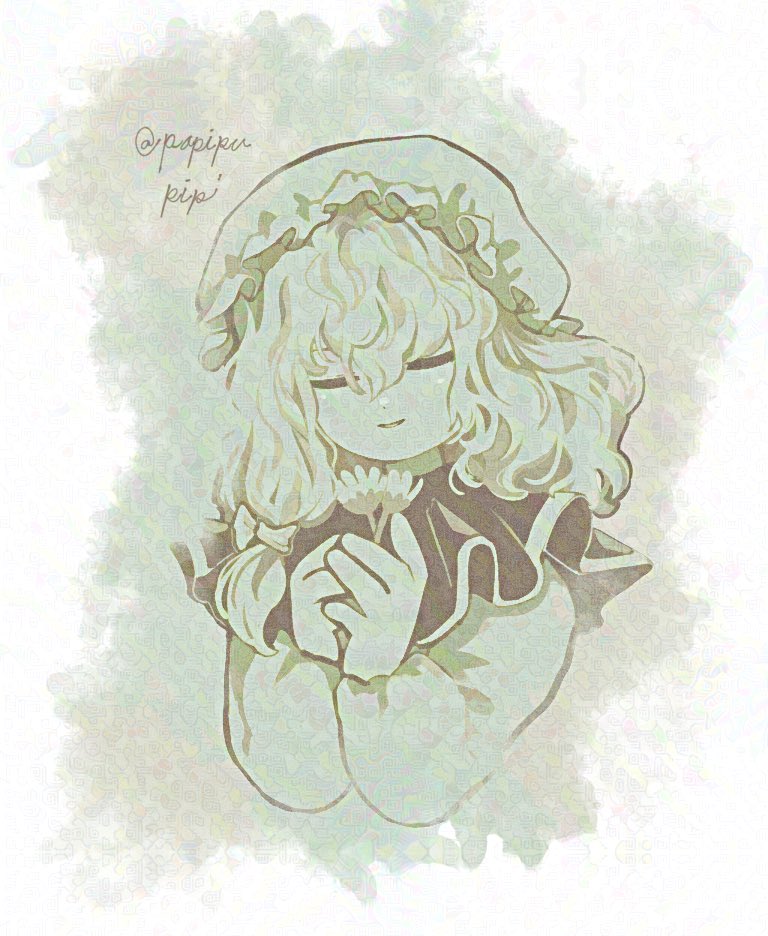1girl, 20000-hit_girl_(touhou), capelet, closed_eyes, closed_mouth, cropped_torso, flower, happy