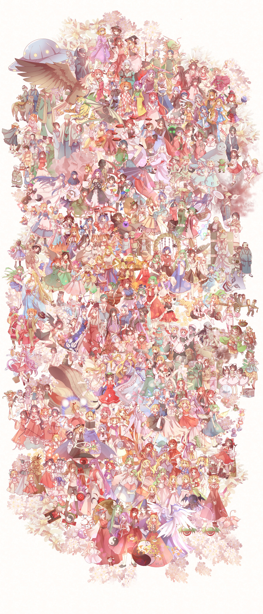 2others, 6+boys, 6+girls, :3, absolutely_everyone, absurdres, ahoge, aki_minoriko, aki_shizuha, akihabara_beer_fair, alcohol, alice_margatroid, alice_margatroid_(pc-98), amaterasu_(mythology), ame_no_uzume, american_flag, animal_ears, anniversary, annotation_request, antennae, apron, armor, asakura_rikako, ascot, asymmetrical_clothes, asymmetrical_wings, bag, bakebake_(touhou), bakedanuki_(touhou), bald, bandages, bare_shoulders, bat_wings, beard, beer, beerko, belt, beret, bird, birdcage, biwa_lute, black_hair, black_hat, black_shirt, blonde_hair, blue_eyes, blue_hair, blue_wings, blush_stickers, book, bottle, bow, bow_(weapon), bowl, bowl_hat, bowtie, braid, branch, brown_eyes, brown_hair, brown_wings, bucket, cage, camouflage, camouflage_headwear, camouflage_skirt, cape, capelet, cat, cat_ears, cat_tail, cellphone, chain, character_request, check_character, check_copyright, checkered_clothes, checkered_shirt, chen, chupacabra, cirno, clam, cloak, clock, closed_eyes, clothes_writing, clownpiece, commentary_request, copyright_request, crescent, crescent_hair_ornament, crescent_hat_ornament, crowd, cuffs, curiosities_of_lotus_asia, daiyousei, detached_sleeves, dolls_in_pseudo_paradise, doremy_sweet, double_bun, double_dealing_character, dragon, drill_hair, dual_persona, dual_wielding, eastern_and_little_nature_deity, eastern_dragon, elis_(touhou), ellen_(touhou), elly_(touhou), embodiment_of_scarlet_devil, enenra, everyone, evil_dragon_(touhou), evil_eye_sigma, facial_hair, fairy_maid_(touhou), fairy_wings, feathered_wings, fingernails, fish, fishing_rod, flandre_scarlet, flat_cap, flower, flower_tank_(touhou), food, forbidden_scrollery, fortune_teller_(touhou), fox, fox_tail, frog, frog_hair_ornament, fruit, fujiwara_no_mokou, fujiwara_no_mokou_(young), futatsuiwa_mamizou, gengetsu_(touhou), genjii_(touhou), geta, ghost, ghostly_field_club, glasses, gohei, goliath_doll, gourd, gradient_hair, grapes, green_hair, green_wings, hair_bun, hair_flower, hair_ornament, hair_tubes, hakurei_reimu, hakurei_reimu_(pc-98), halo, hand_fan, hasshaku-sama, hat, hat_bow, hat_ornament, hata_no_kokoro, head_wings, headband, heart, hecatia_lapislazuli, hieda_no_akyuu, highly_responsive_to_prayers, highres, hijiri_byakuren, himekaidou_hatate, hinanawi_tenshi, hisou_tensoku, hobgoblin_(touhou), holding, hong_meiling, hood, hoop, hopeless_masquerade, horikawa_raiko, horns, hoshiguma_yuugi, hoshiguma_yuugi_(kimono), houjuu_nue, houraisan_kaguya, houso_(touhou), ibaraki_kasen, ibuki_suika, ice, ice_wings, imaizumi_kagerou, immaterial_and_missing_power, imperishable_night, in_bucket, in_container, inaba_tewi, instrument, inubashiri_momiji, ishikori-dome, izayoi_sakuya, izunome, jacket_girl_(dipp), japanese_clothes, jester_cap, jeweled_branch_of_hourai, jinmenken, jizou, junko_(touhou), kaenbyou_rin, kagiyama_hina, kaku_seiga, kamishirasawa_keine, kana_anaberal, kappa_mob_(touhou), karakasa_obake, kasodani_kyouko, kawashiro_nitori, kazami_yuuka, kazami_yuuka_(pc-98), keyboard_(instrument), kijin_seija, kikuri_(touhou), kine, kirisame_marisa, kirisame_marisa_(pc-98), kishin_sagume, kisume, kitashirakawa_chiyuri, kitsune, koakuma, kochiya_sanae, komeiji_koishi, komeiji_satori, konngara_(touhou), konpaku_youki, konpaku_youmu, konpaku_youmu_(ghost), kotohime_(touhou), kourindou_tengu_costume, koutei_(touhou), kumoi_ichirin, kurodani_yamame, kurumi_(touhou), kutsutsura, label_girl_(dipp), lance, layla_prismriver, leaf, legacy_of_lunatic_kingdom, letty_whiterock, lily_white, little_green_men, lotus_land_story, louise_(touhou), luna_child, lunasa_prismriver, lute_(instrument), lyrica_prismriver, mai_(touhou), maid, maid_apron, maid_headdress, mallet, manzairaku, maribel_hearn, mask, matenshi_(touhou), medicine_melancholy, meira_(touhou), merlin_prismriver, midriff, miko, military, military_vehicle, mima_(touhou), mimi-chan, mini-hakkero, miyako_yoshika, mizuhashi_parsee, mob_cap, mononobe_no_futo, moon_rabbit_extra_(touhou), morichika_rinnosuke, moriya_suwako, motoori_kosuzu, motor_vehicle, motorcycle, mountain_of_faith, mouse_ears, mugetsu_(touhou), multi_(to_heart), multicolored_hair, multiple_boys, multiple_girls, multiple_others, multiple_persona, multiple_tails, murasa_minamitsu, mystia_lorelei, mystic_square, nagae_iku, namazu_(touhou), nazrin, necktie, nightcap, noroiko, nurse_cap, ofuda, okazaki_yumemi, okiku_(banchou_sarayashiki), one_eye_closed, onozuka_komachi, orange_(touhou), orb, panda, pantyhose, paper_fan, parasol, patchouli_knowledge, peach, perfect_cherry_blossom, phantasmagoria_of_dim.dream, phantasmagoria_of_flower_view, phone, pink_hair, pink_theme, plaid_clothes, plaid_skirt, plaid_vest, plate, pointy_ears, polearm, pom_pom_(clothes), purple_hair, rabbit, rabbit_ears, raccoon_ears, raccoon_tail, red_eyes, red_hair, reisen_(touhou_bougetsushou), reisen_udongein_inaba, reiuji_utsuho, remilia_scarlet, rengeteki_(touhou), right-over-left_kimono, rika_(touhou), ringo_(touhou), rose, rumia, ruukoto, saigyouji_yuyuko, sara_(touhou), sariel_(touhou), satsuki_rin, scarlet_weather_rhapsody, scroll, scythe, seihou, seiran_(touhou), sekibanki, shackles, shameimaru_aya, sharp_fingernails, shiki_eiki, shingyoku_(female), shingyoku_(male), shingyoku_(touhou), shinki_(touhou), shirt, shrine, shrine_tank_(touhou), side_ponytail, silent_sinner_in_blue, single_hair_bun, single_horn, single_wing, skirt, sleeves_past_wrists, slippers, smartphone, smile, smoking_pipe, snake_hair_ornament, soga_no_tojiko, sokrates_(touhou), sparrow, spear, star_(symbol), star_sapphire, statue, story_of_eastern_wonderland, sukuna_shinmyoumaru, sunflower, sunflower_fairy_(touhou), sunny_milk, suspenders, sword, tabard, tail, tank, tanuki, tanuki_mob_(touhou), tatara_kogasa, tate_eboshi, ten_desires, third_eye, tiger, tokiko_(touhou), tokin_hat, tongue, toramaru_shou, touhou, touhou_(pc-98), touhou_bougetsushou, touhou_hisoutensoku, touhou_sangetsusei, toyosatomimi_no_miko, tray, trumpet, tsuchinoko, tsuki_no_iwakasa, tsukumo_benben, tsukumo_yatsuhashi, tupai_(touhou), twin_braids, twin_drills, twintails, two_side_up, ufo, umbrella, undefined_fantastic_object, unshou, unzan, urban_legend_in_limbo, usami_renko, usami_sumireko, vest, violin, vivit, wakasagihime, wand, watatsuki_no_toyohime, watatsuki_no_yorihime, weapon, white_wings, wild_and_horned_hermit, wings, witch, witch_hat, wriggle_nightbug, yagokoro_eirin, yakumo_ran, yakumo_yukari, yasaka_kanako, yasato, yellow_eyes, yellow_wings, yin_yang, yin_yang_orb_(fairy), youkai_fox_(forbidden_scrollery), youkai_fox_(wild_and_horned_hermit), yuki_(touhou), yumeko_(touhou), yuugenmagan, zashiki-warashi_(touhou), zombie_fairy_(touhou)