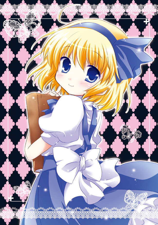 alice_margatroid, alice_margatroid_(pc-98), argyle, argyle_background, blonde_hair, blue_eyes, book, border, butterfly, checkered, checkered_background, doily, dress, hairband, holding, looking_at_viewer, short_sleeves, smile, solo, touhou, touhou_(pc-98), white-brown