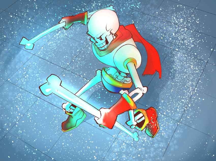1boy, 2022, 2d, armor, blue_shorts, bone, boots, cape, carlyraejepsans, clip_studio_paint_(medium), digital_media, dual_wielding, fighting_stance, floor, from_above, full_body, gloves, glowing, highres, holding, holding_bone, humanoid, male, male_focus, male_only, monster, monster_boy, papyrus_(undertale), red_boots, red_cape, red_gloves, shorts, skeleton, solo, teeth, undead, undertale, utdr_(toby_fox), white_armor