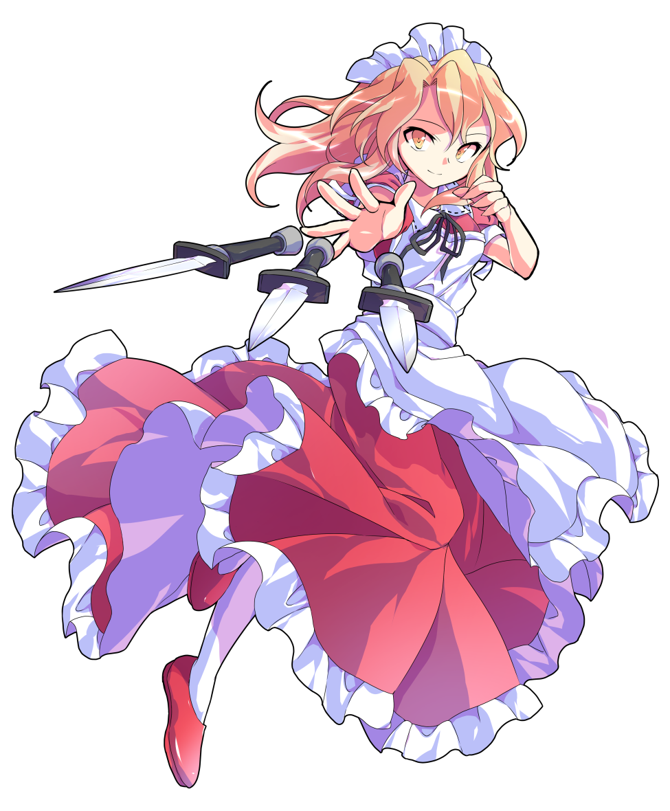 1girl, alphes_(style), apron, bare_arms, black_ribbon, blonde_hair, breasts, closed_mouth