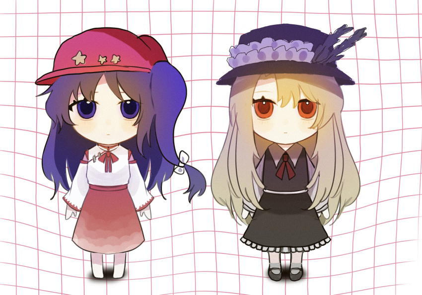 2girls, aka_owwo_ri, bare_shoulders, barefoot, black_shoes, blonde_hair, brown_hat, brown_skirt
