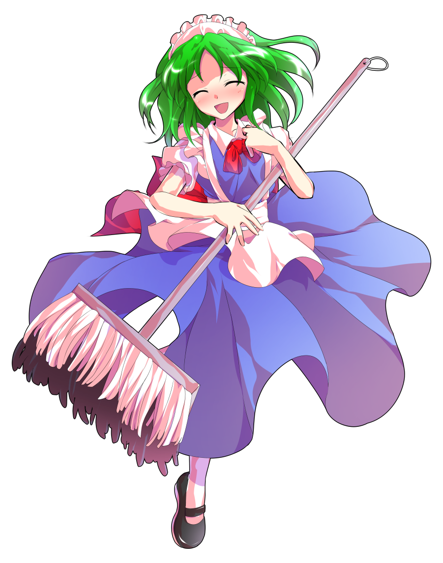 1girl, alphes_(style), android, apron, black_shoes, blue_dress, blush, bow