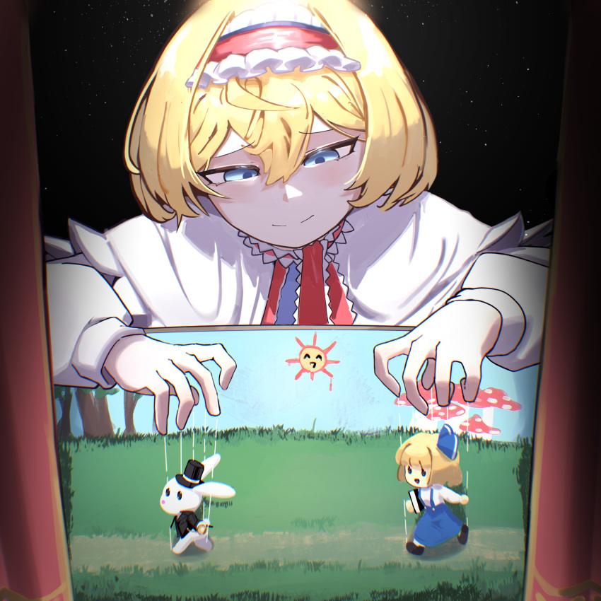 1girl, ^_^, absurdres, alice_margatroid, alice_margatroid_(pc-98), bat_krub, black_background, black_shoes