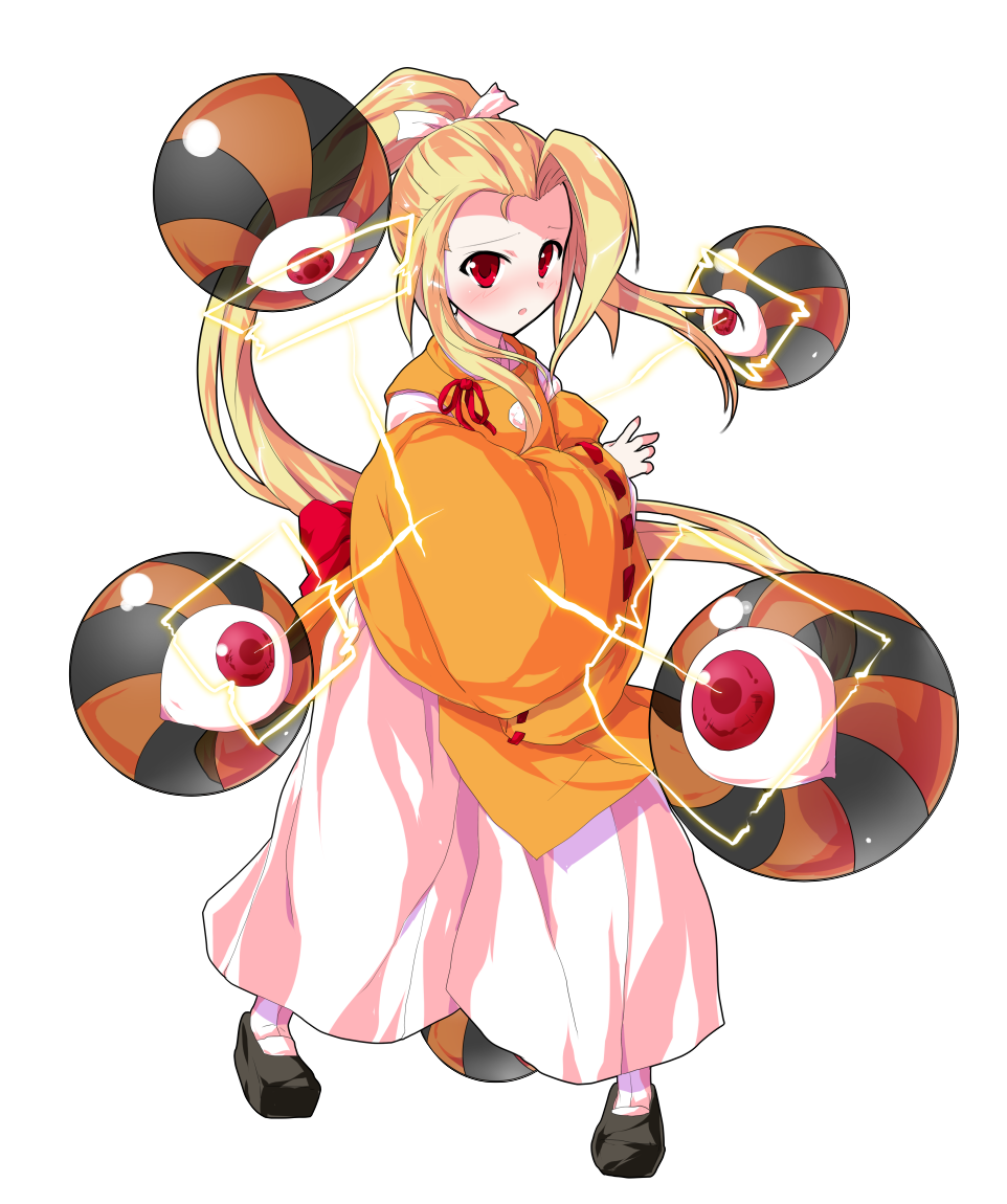 1girl, alphes_(style), black_shoes, blonde_hair, blush, commentary_request, dairi, detached_sleeves
