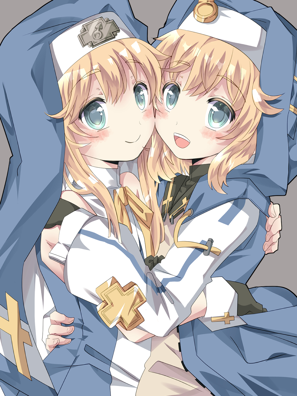 1boy, 1girl, androgyne_symbol, black_gloves, black_shawl, black_shirt, blonde_hair, blue_eyes, blue_hoodie, blue_veil, blush, bridget_(guilty_gear), collar, collared_shawl, cross, cross_print, cute, dual_persona, femboy, gloves, grey_background, guilty_gear, guilty_gear_strive, highres, hood, hoodie, hug, kawaii, long_hair, looking_at_viewer, mars_symbol, nun, official_alternate_costume, open_mouth, plus_sign, puffy_sleeves, ribbon, shawl, shirt, smile, teeth, trans_girl, trans_woman, transgender, transgender_girl, transgender_woman, trap, upper_teeth_only, veil, white_collar, white_sleeves, yellow_ribbon, yoroi_nau