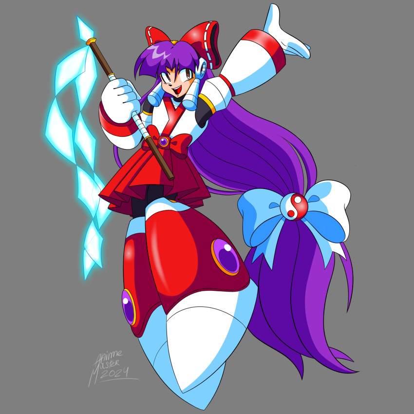1girl, android, animemaster, armor, bow, brown_eyes, chest_jewel, clenched_hand