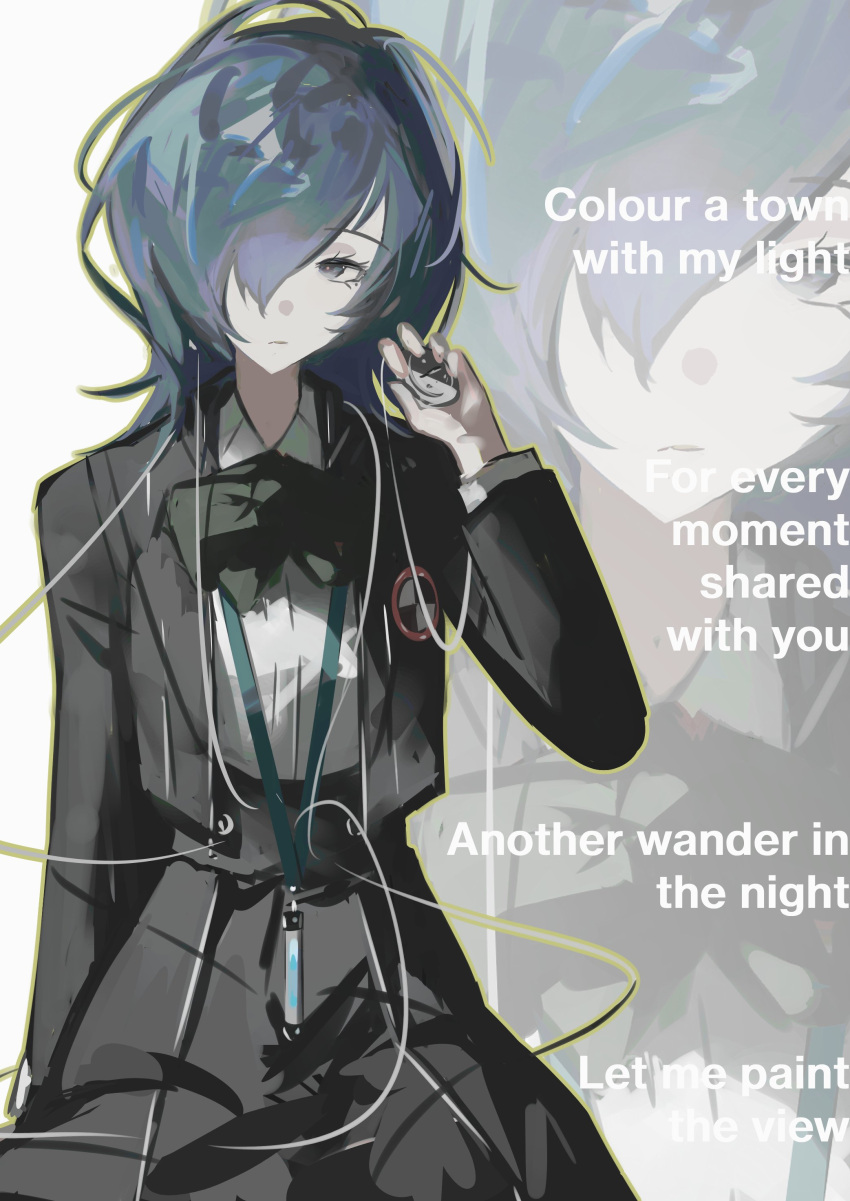 1girl, absurdres, alternate_costume, arm_at_side, black_bow, black_jacket, black_skirt, blue_eyes, blue_hair, bow, closed_mouth, commentary_request, cowboy_shot, digital_media_player, digital_walkman, dress_shirt, english_text, facing_viewer, frown, gekkoukan_high_school_uniform, genderswap, genderswap_(mtf), hair_over_one_eye, hand_up, hashtag-only_commentary, highres, holding_digital_media_player, jacket, k1kiwa, looking_to_the_side, lyrics, medium_hair, messy_hair, open_clothes, open_jacket, outline, persona, persona_3, persona_3_reload, school_uniform, shirt, skirt, walkman_nw-s203f, white_shirt, yellow_outline, yuuki_makoto_(persona_3), zoom_layer